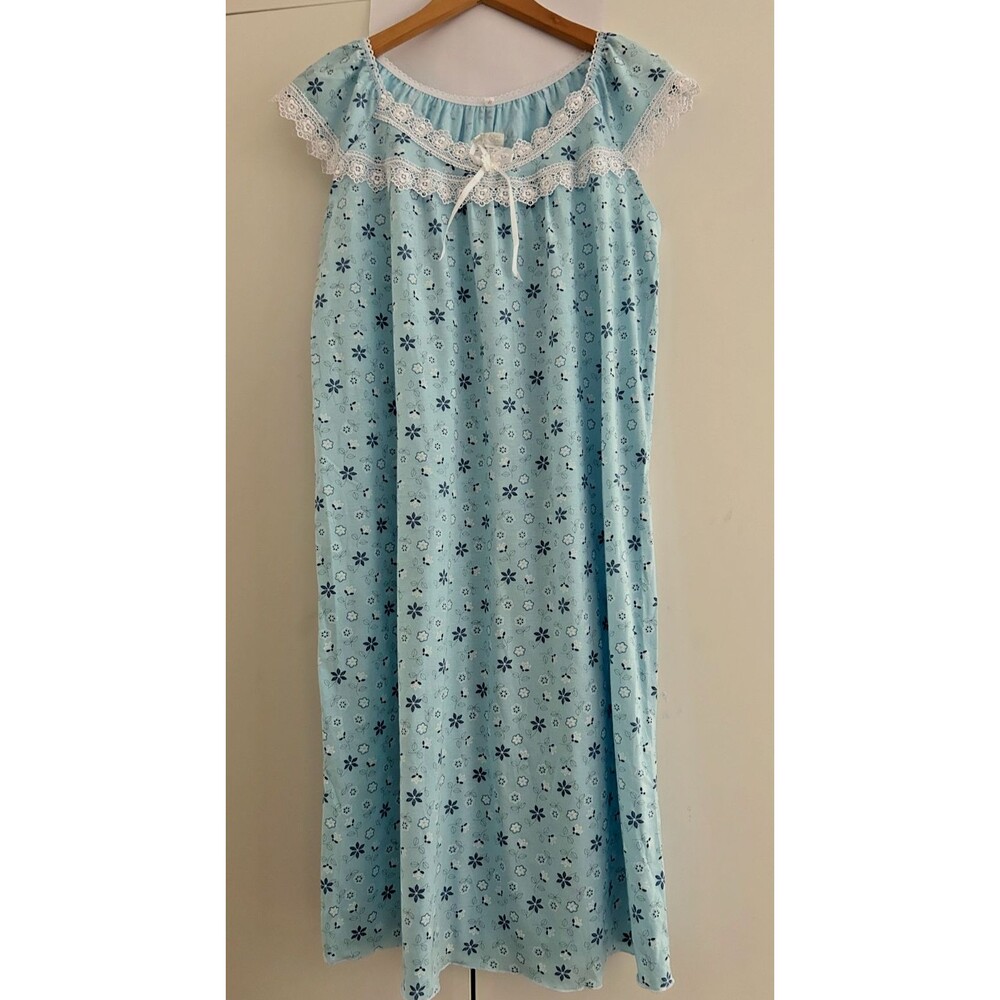 Womens M Ligth Blue Floral Print Cotton Knit Midi Nightgown Sleeveless Lace Trim